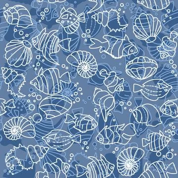 Seamless pattern Tropical fishes, shells lineart style. Cute funny underwater イラスト素材