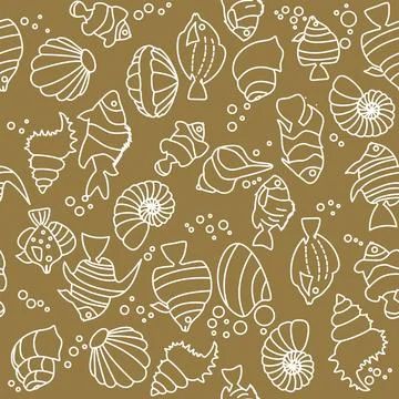 Seamless pattern Tropical fishes, shells lineart style. Cute funny underwater 스톡 일러스트