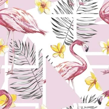 Seamless pattern with tropical Flamingo and flowers. Element for design of Stock Illustration