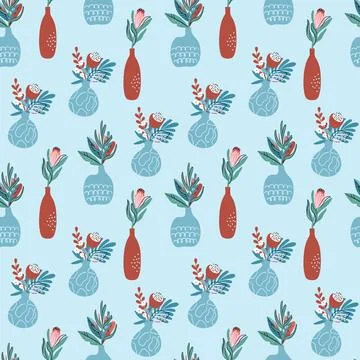 Seamless pattern with tropical flower bouquets Stock Illustration