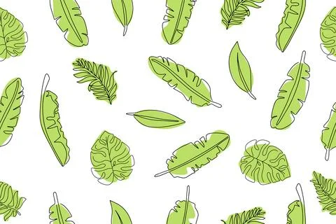 Seamless pattern of tropical flower leaves drawn in one line. Vector Stock Illustration