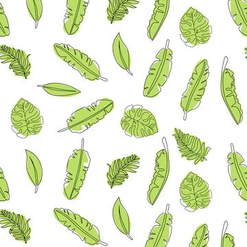 Seamless pattern of tropical flower leaves drawn in one line. Vector Stock Illustration