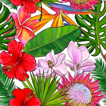 Seamless pattern with tropical flowers and leaves on white background Stock Illustration