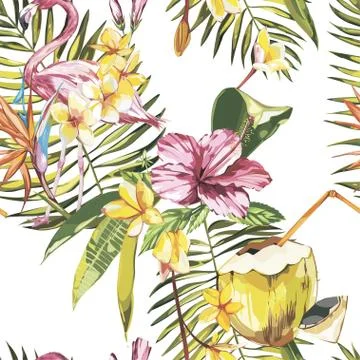 Seamless pattern with tropical Flowers and Flamingo. Element for design of Stock Illustration