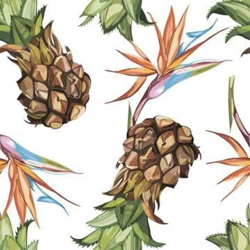 Seamless pattern with tropical flowers and Ananas. Element for design of Stock Illustration