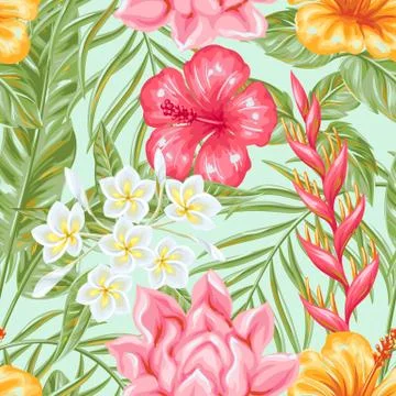 Seamless pattern with tropical flowers and leaves. 스톡 일러스트