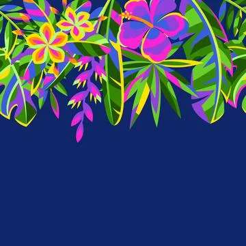 Seamless pattern with tropical flowers and palm leaves. Stock Illustration
