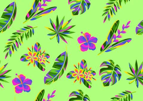 Seamless pattern with tropical flowers and palm leaves. Stock-Illustration