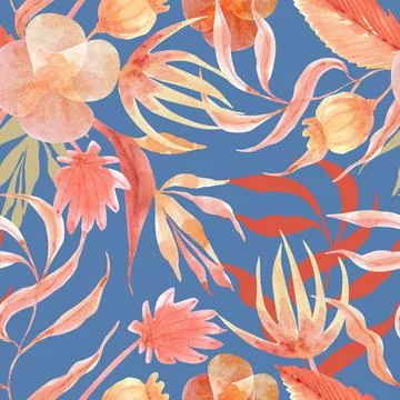 Seamless pattern with tropical flowers and leaves on a blue background. Stock Illustration