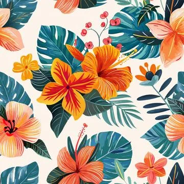 Seamless pattern with tropical flowers and leaves on a white background, design Stock Illustration