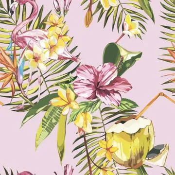 Seamless pattern with tropical Flowers, Coconut and Flamingo. Element for design Stock Illustration