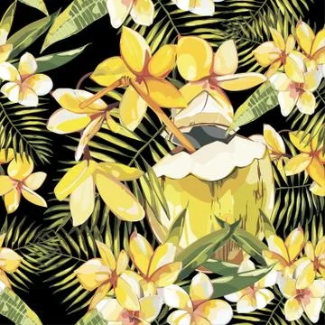 Seamless pattern with tropical Flowers, Coconut. Element for design of Stock Illustration