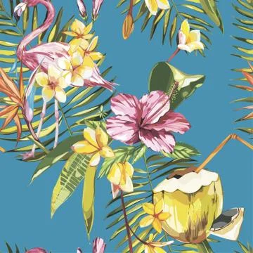 Seamless pattern with tropical Flowers, Coconut and Flamingo. Element for design Stock Illustration