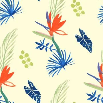 Seamless pattern with tropical flowers of royal strelitzia and leaves on a light Illustrazione stock
