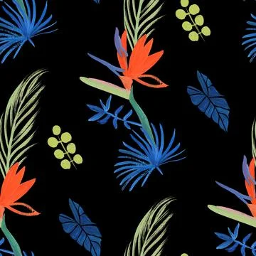 Seamless pattern with tropical flowers of royal strelitzia painted in gouache Stock Illustration