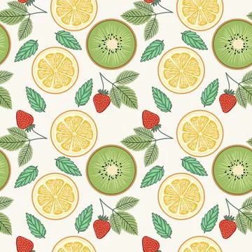 Seamless pattern with Tropical fruit lemon, kiwi, strawberries Illustrazione stock