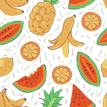 Seamless pattern tropical fruit slices vector. Bright summer background with Stock Illustration