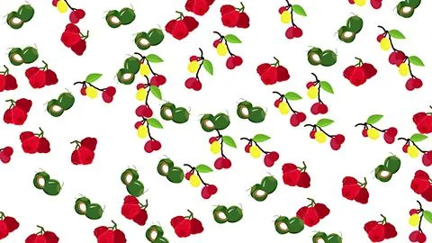 Seamless pattern of tropical fruits featuring red wax apples and green frui.. Stock Illustration