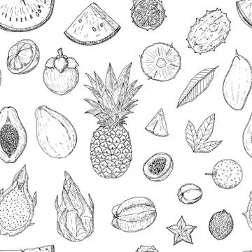 Seamless pattern of tropical fruits. Vector cartoon background. Stock Illustration