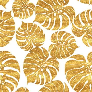 Seamless pattern of tropical gold monstera leaves Stock Illustration