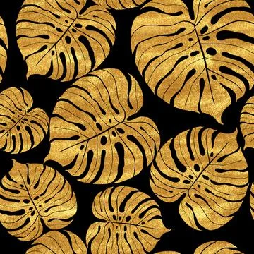 Seamless pattern of tropical gold monstera leaves Stock Illustration