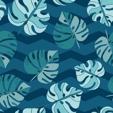 Seamless pattern tropical green leaves on blue chevron background Stock Illustration