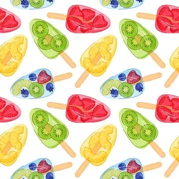 Seamless pattern of tropical ice pop on wooden stick with blueberry, pineapple Stock Illustration
