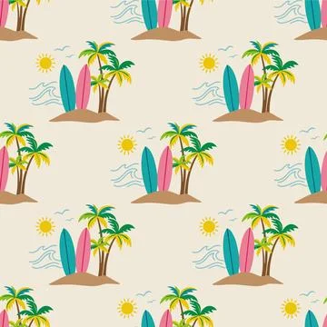 Seamless Pattern with Tropical Islands, Palm Trees, Surfboards, and Sun. Stock Illustration