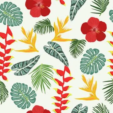 Seamless pattern with Tropical jungle leaves and flowers Stock Illustration