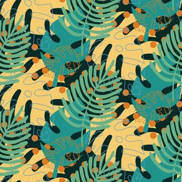 Seamless pattern with tropical leaf palmate yellow green dark color Illustrazione stock