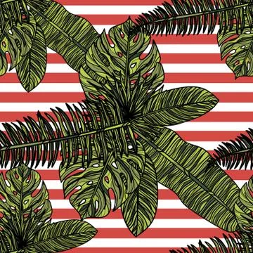 Seamless pattern with tropical leaves and stripes. Stock Illustration