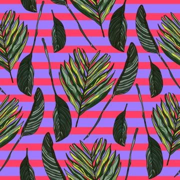 Seamless pattern with tropical leaves and violet stripes. Stock Illustration