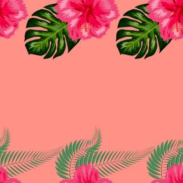 Seamless pattern with tropical leaves and hibiscus flowers. Stock Illustration