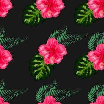 Seamless pattern with tropical leaves and hibiscus flowers. Illustrazione stock