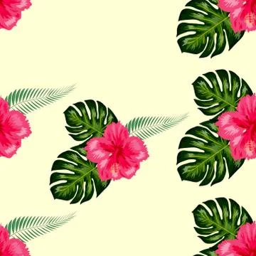 Seamless pattern with tropical leaves and hibiscus flowers. Stock Illustration