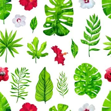 Seamless pattern with tropical leaves and flowers Stock Illustration