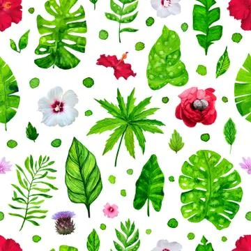 Seamless pattern with tropical leaves and flowers Stock Illustration