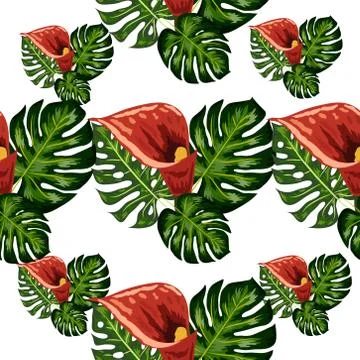 Seamless pattern with tropical leaves and callas lilies flowers. Tropical ill Illustrazione stock