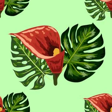 Seamless pattern with tropical leaves and callas lilies flowers. Dark and bri 스톡 일러스트