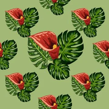 Seamless pattern with tropical leaves and callas lilies flowers. Tropical ill Stock Illustration