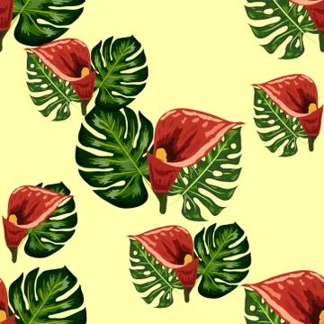 Seamless pattern with tropical leaves and callas lilies flowers. Dark and bri Stock-Illustration