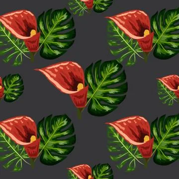 Seamless pattern with tropical leaves and callas lilies flowers. Dark and bri Stock Illustration