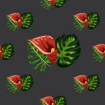 Seamless pattern with tropical leaves and callas lilies flowers. Dark and bri Stockillustratie