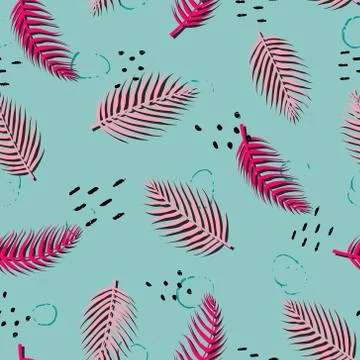 Seamless pattern with tropical leaves and hand-drawn blotches and marker stro Illustrazione stock