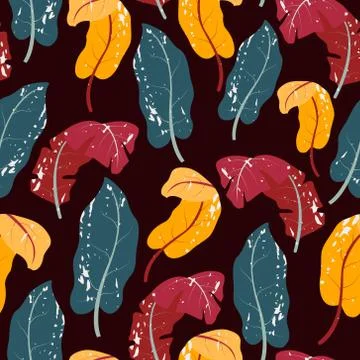 Seamless pattern with tropical leaves and hand-drawn blotches and marker stro Stock Illustration
