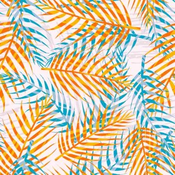 Seamless pattern with tropical leaves and hand-drawn blotches and marker stro Stock Illustration