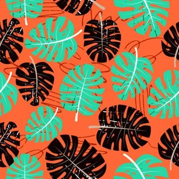 Seamless pattern with tropical leaves and hand-drawn blotches and marker stro Stock Illustration