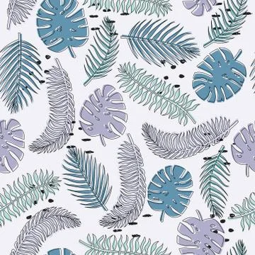 Seamless pattern with tropical leaves and hand-drawn blotches and marker stro Illustrazione stock