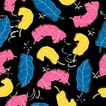 Seamless pattern with tropical leaves and hand-drawn blotches and marker stro Stock Illustration