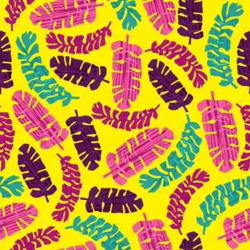 Seamless pattern with tropical leaves and hand-drawn blotches and marker stro Stock Illustration